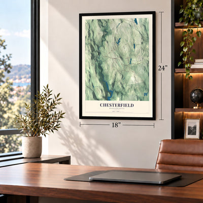 Chesterfield, Massachusetts map, 18 x 24 inch print in a black frame in a home office