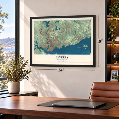 Beverly, Massachusetts map, 18 x 24 inch print in a black frame in a home office