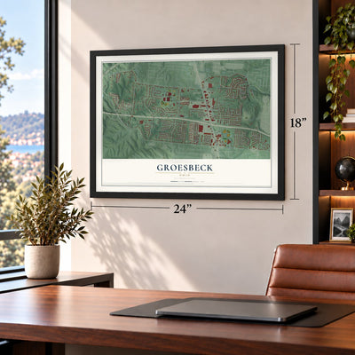 Groesbeck, Ohio map, 18 x 24 inch print in a black frame in a home office