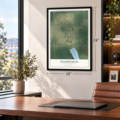 Woodworth, North Dakota map, 18 x 24 inch print in a black frame in a home office