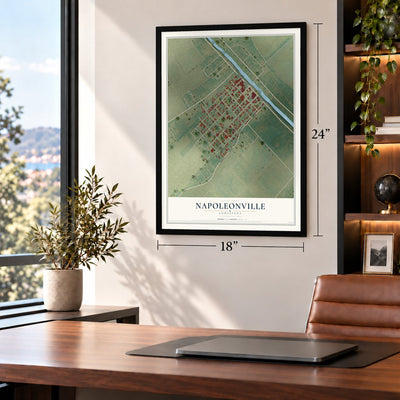 Napoleonville, Louisiana map, 18 x 24 inch print in a black frame in a home office
