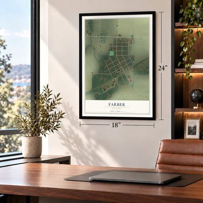 Farber, Missouri map, 18 x 24 inch print in a black frame in a home office