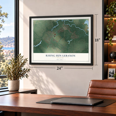 Rising Sun-Lebanon, Delaware map, 18 x 24 inch print in a black frame in a home office