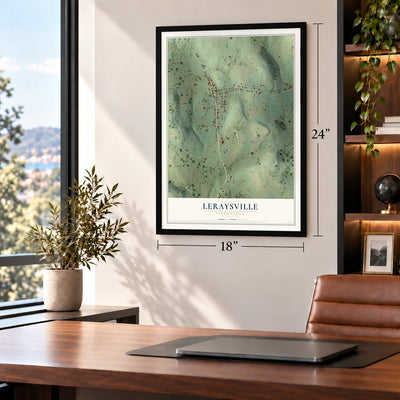 LeRaysville, Pennsylvania map, 18 x 24 inch print in a black frame in a home office