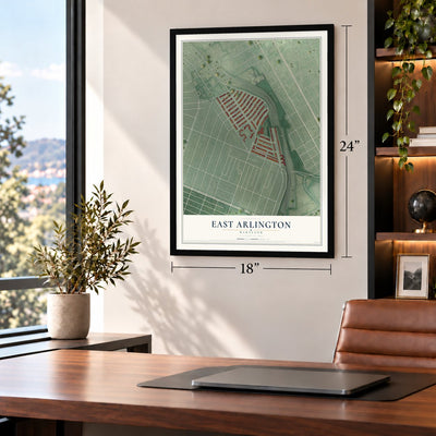East Arlington, Maryland map, 18 x 24 inch print in a black frame in a home office