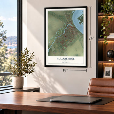 Plaquemine, Louisiana map, 18 x 24 inch print in a black frame in a home office