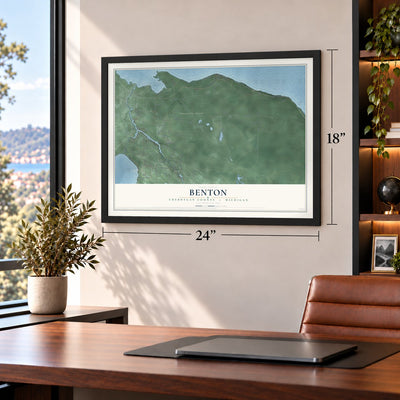 Benton, Cheboygan County, Michigan map, 18 x 24 inch print in a black frame in a home office