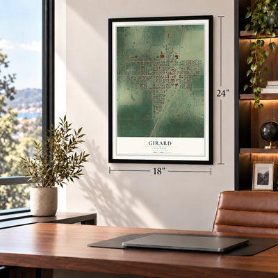 Girard, Illinois map, 18 x 24 inch print in a black frame in a home office