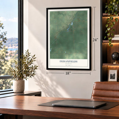 Indianfields, Michigan map, 18 x 24 inch print in a black frame in a home office