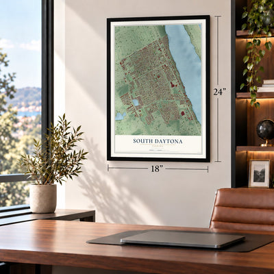 South Daytona, Florida map, 18 x 24 inch print in a black frame in a home office