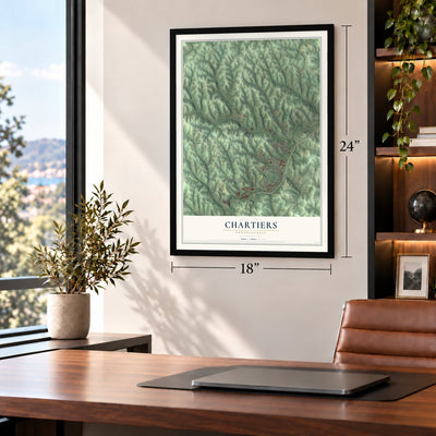 Chartiers, Pennsylvania map, 18 x 24 inch print in a black frame in a home office