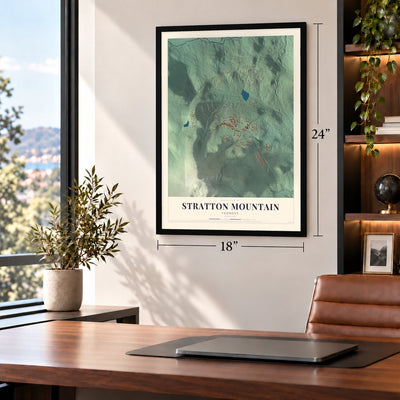 Stratton Mountain, Vermont map, 18 x 24 inch print in a black frame in a home office