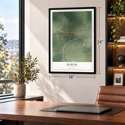 Roscoe, Minnesota map, 18 x 24 inch print in a black frame in a home office