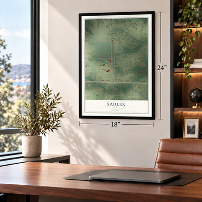 Sadler, Texas map, 18 x 24 inch print in a black frame in a home office