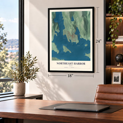 Northeast Harbor, Maine map, 18 x 24 inch print in a black frame in a home office