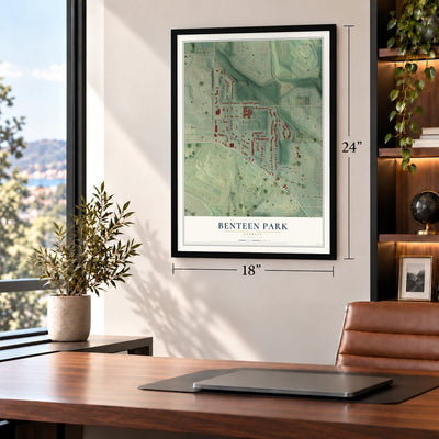 Benteen Park, Georgia map, 18 x 24 inch print in a black frame in a home office