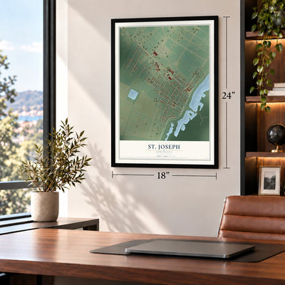 St. Joseph, Louisiana map, 18 x 24 inch print in a black frame in a home office