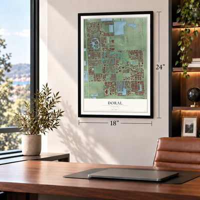 Doral, Florida map, 18 x 24 inch print in a black frame in a home office
