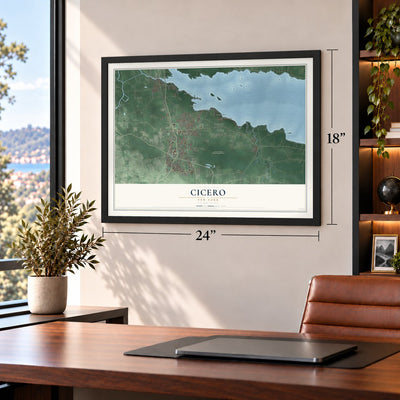 Cicero, New York map, 18 x 24 inch print in a black frame in a home office