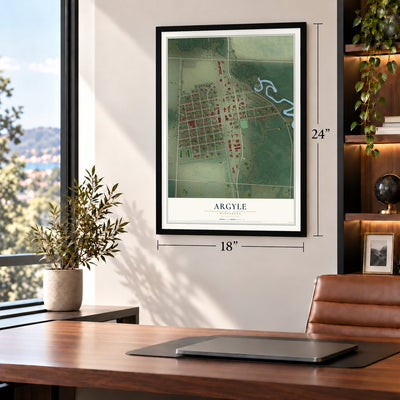 Argyle, Minnesota map, 18 x 24 inch print in a black frame in a home office