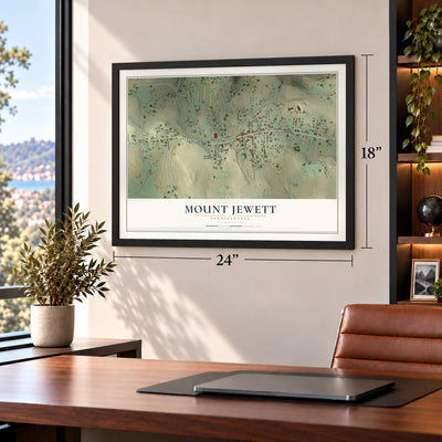 Mount Jewett, Pennsylvania map, 18 x 24 inch print in a black frame in a home office