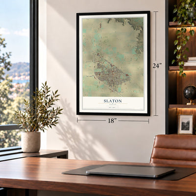 Slaton, Texas map, 18 x 24 inch print in a black frame in a home office