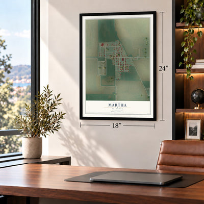 Martha, Oklahoma map, 18 x 24 inch print in a black frame in a home office