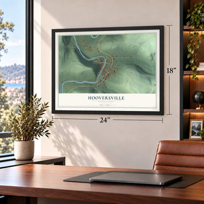 Hooversville, Pennsylvania map, 18 x 24 inch print in a black frame in a home office