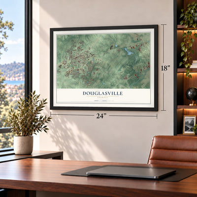 Douglasville, Georgia map, 18 x 24 inch print in a black frame in a home office
