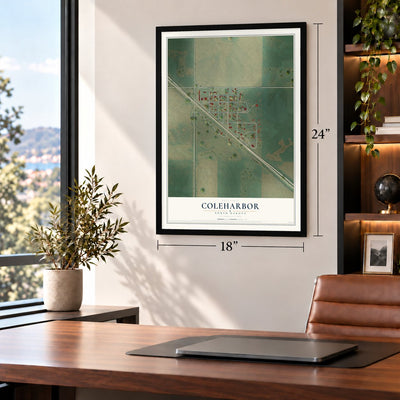 Coleharbor, North Dakota map, 18 x 24 inch print in a black frame in a home office