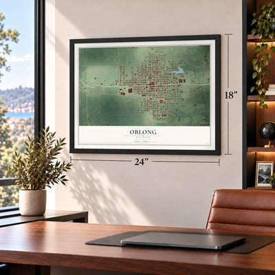 Oblong, Illinois map, 18 x 24 inch print in a black frame in a home office