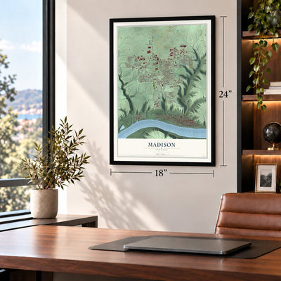 Madison, Indiana map, 18 x 24 inch print in a black frame in a home office