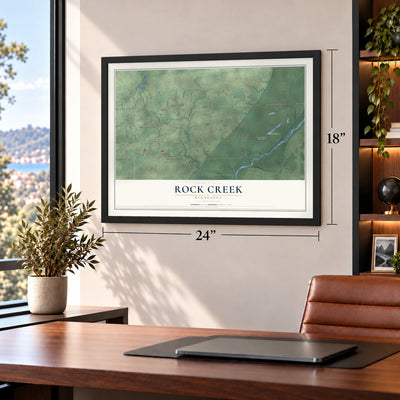 Rock Creek, Minnesota map, 18 x 24 inch print in a black frame in a home office
