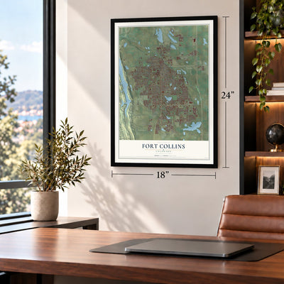 Fort Collins, Colorado map, 18 x 24 inch print in a black frame in a home office