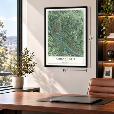 Ashland City, Tennessee map, 18 x 24 inch print in a black frame in a home office