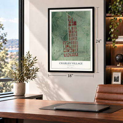 Charles Village, Maryland map, 18 x 24 inch print in a black frame in a home office