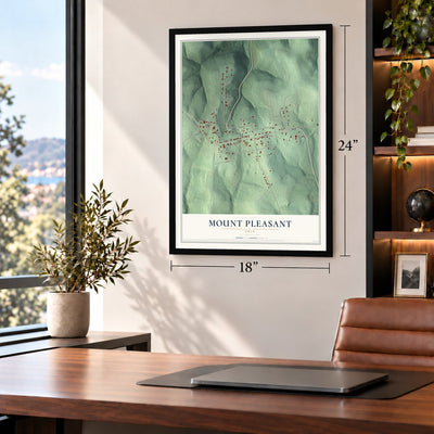 Mount Pleasant, Ohio map, 18 x 24 inch print in a black frame in a home office