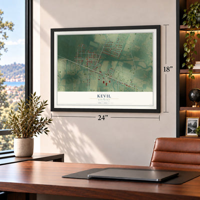 Kevil, Kentucky map, 18 x 24 inch print in a black frame in a home office