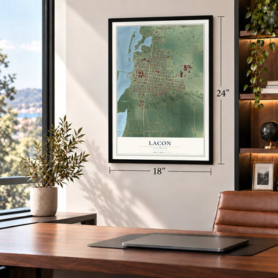 Lacon, Illinois map, 18 x 24 inch print in a black frame in a home office