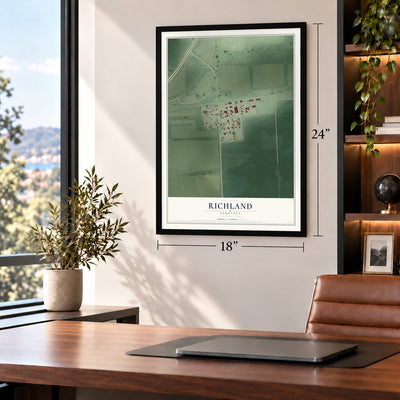 Richland, Nebraska map, 18 x 24 inch print in a black frame in a home office