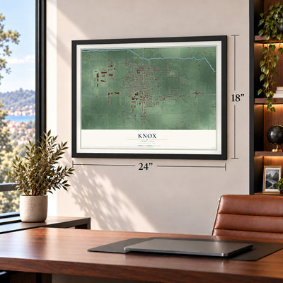 Knox, Indiana map, 18 x 24 inch print in a black frame in a home office