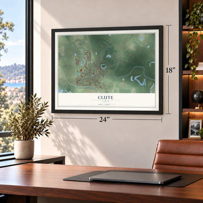 Clute, Texas map, 18 x 24 inch print in a black frame in a home office