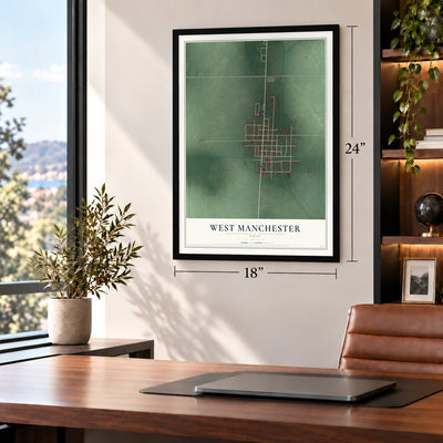 West Manchester, Ohio map, 18 x 24 inch print in a black frame in a home office