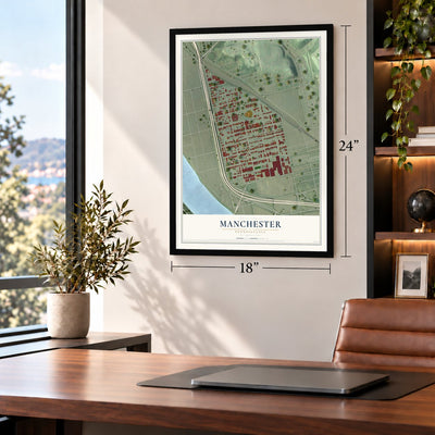 Manchester, Pennsylvania map, 18 x 24 inch print in a black frame in a home office