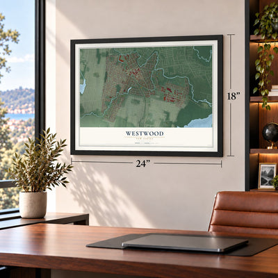 Westwood, New Jersey map, 18 x 24 inch print in a black frame in a home office