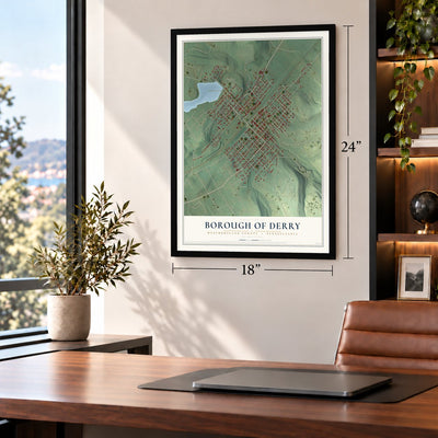Borough of Derry, Westmoreland County, Pennsylvania map, 18 x 24 inch print in a black frame in a home office