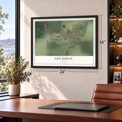 New Berlin, Illinois map, 18 x 24 inch print in a black frame in a home office