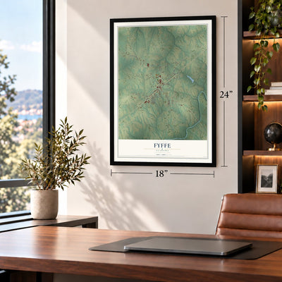 Fyffe, Alabama map, 18 x 24 inch print in a black frame in a home office
