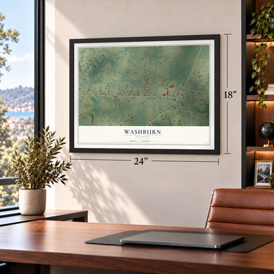 Washburn, Missouri map, 18 x 24 inch print in a black frame in a home office