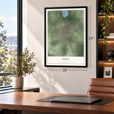 Alice, Texas map, 18 x 24 inch print in a black frame in a home office
